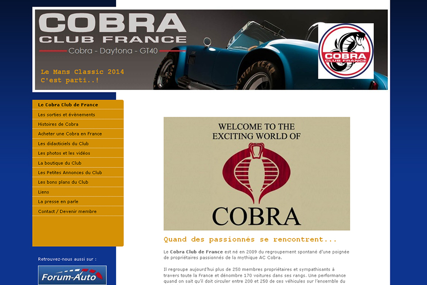 Site du Cobra Club de France, club composé de passionnés de la mythique AC Cobra.