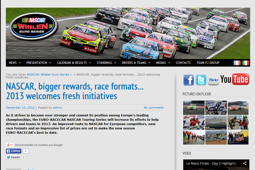 Suivez toute l'actualité du championnat européen de l'Euro-Racecar Nascar Touring Series sur le site officiel.