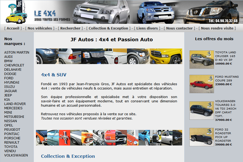 JF Autos est spécialiste de véhicules tout-terrain neufs et d'occasion ainsi que de voitures de collection et d'exception.